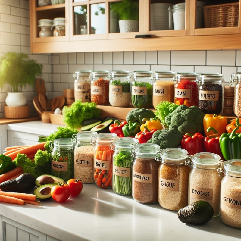 A bright inviting kitchen counter filled with vibrant fresh vegetables gluten free grains and allergy safe plant based meal ingredients labeled clearly with eco friendly packaging lots of natural sunlight colorful produce reusable containers cheerful organized setting