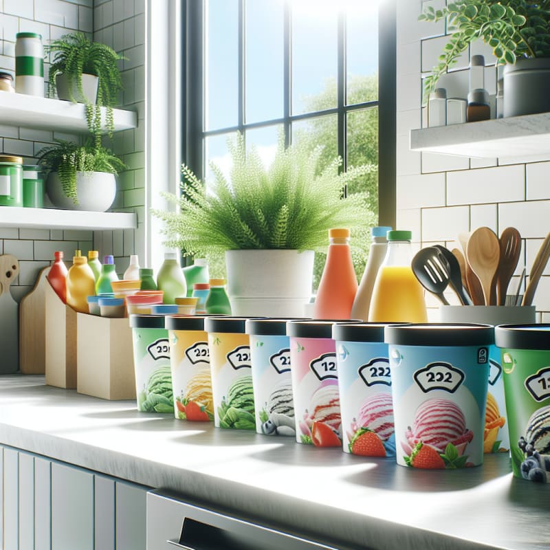 Bright modern kitchen countertop with a variety of colorful ice cream containers surrounded by allergy-safe labels soft pastel backgrounds fresh fruit and clean utensils friendly sunlight streaming from a window