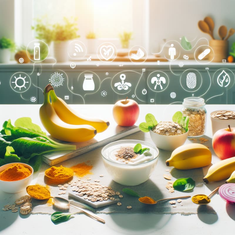 A vibrant flat lay of colorful gut-friendly foods like yogurt bananas oats turmeric and leafy greens arranged on a bright clean kitchen table with gentle natural light and food safety icons subtly integrated in the background