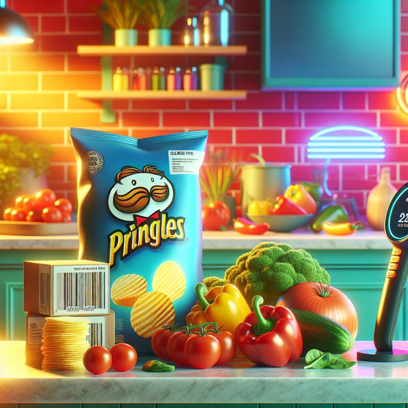 A bright colorful kitchen countertop with Pringles-style potato chips stacked next to gluten-free labeled packaging surrounded by fresh vegetables and a modern barcode scanner natural lighting cheerful style