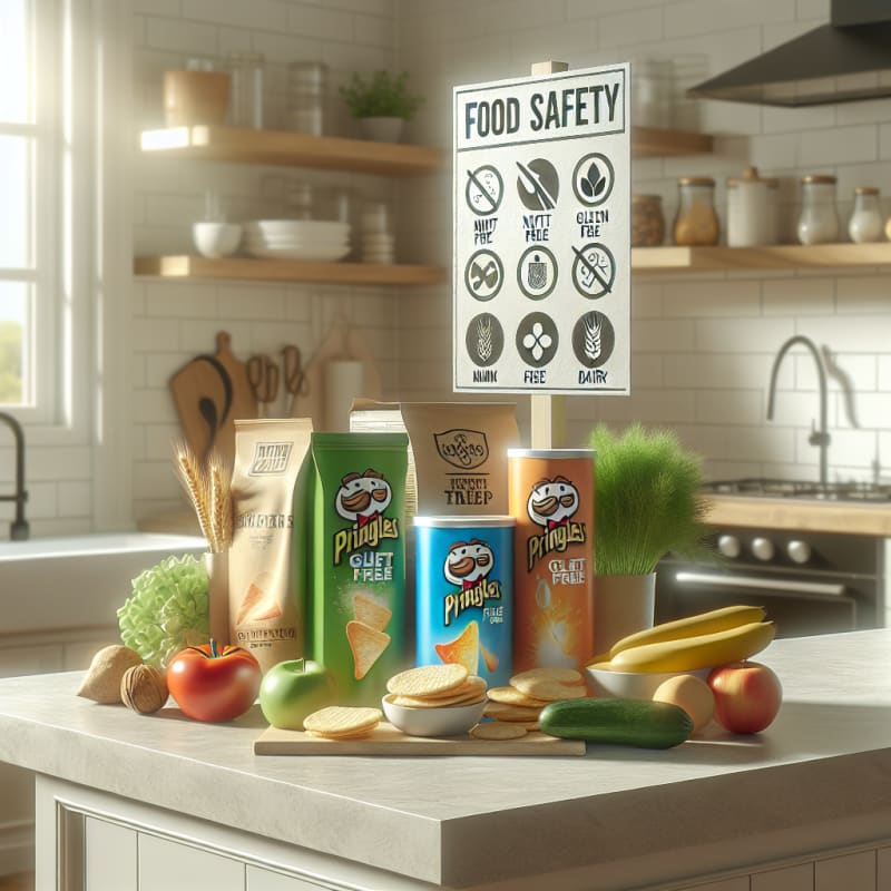 A bright modern kitchen counter with assorted gluten-free snacks and Pringles can next to food safety trend labels surrounded by fresh vegetables and allergy-safe icons