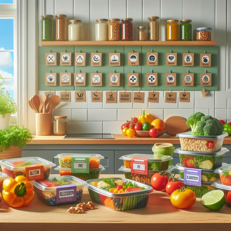 Bright cheerful kitchen countertop with various ready-made meals in eco-friendly packaging surrounded by allergy-safe food labels and colorful fresh ingredients