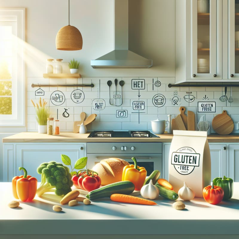 Bright kitchen countertop with fresh gluten-free ingredients such as colorful vegetables gluten-free bread and labeled food packages sunlight streaming through a window cheerful and clean food safety icons subtly integrated