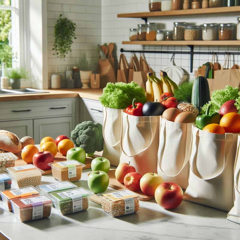 A bright inviting kitchen countertop with fresh colorful fruits vegetables whole grains and allergy-safe packaged foods neatly arranged with eco-friendly grocery bags and clear nutrition labels in soft natural lighting