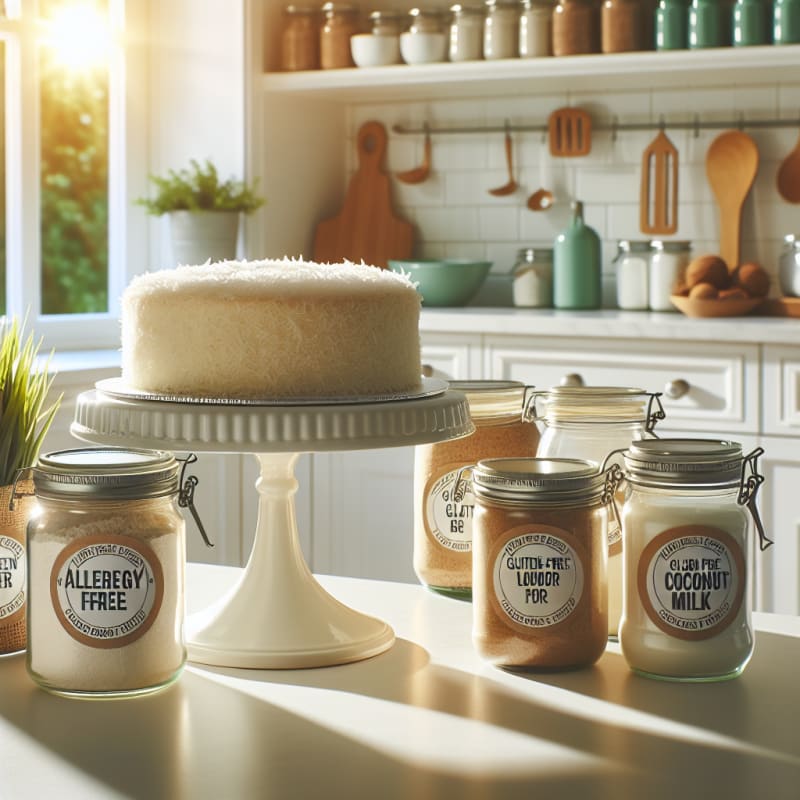 Bright sunlit kitchen countertop with an elegant coconut cake on a white cake stand surrounded by allergy-safe ingredient jars and neat food safety labels with a fresh green plant in the background conveying hope and trust