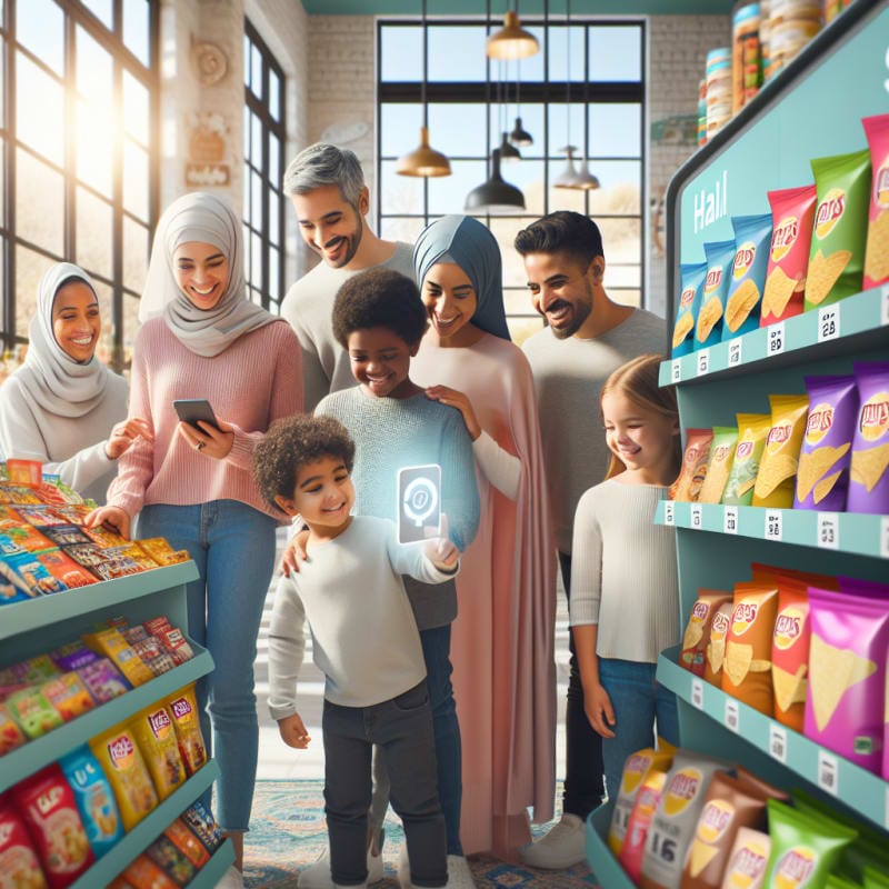 A vibrant flat-lay of colorful packaged halal snacks on a light background surrounded by allergy-safe icons fresh fruits and cheerful food safety labels