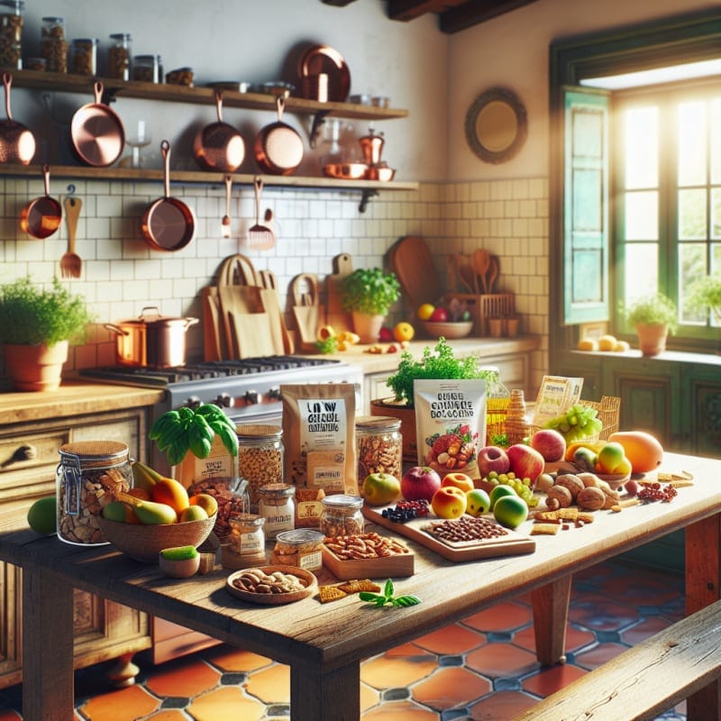 Bright Italian kitchen scene with fresh low glycemic snacks like nuts seeds fruits and gluten free crackers arranged on rustic wood table soft natural daylight vibrant colors healthy food packaging visible