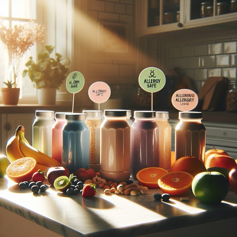 Bright kitchen counter with colorful protein shake bottles surrounded by fresh fruits nuts and allergy-safe food labels soft natural light hopeful vibe