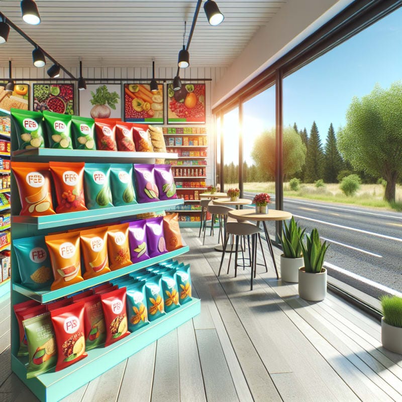Bright roadside convenience store with vibrant plant-based snacks neatly displayed healthy packaged foods allergy-friendly labels eco-friendly packaging sunny roadside view