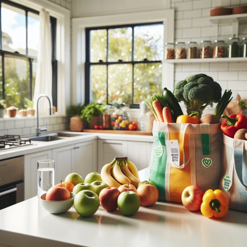 A bright modern Australian kitchen countertop with fresh fruits vegetables and a glass of water next to colorful eco-friendly grocery bags cheerful natural lighting and safe allergy-friendly food packaging