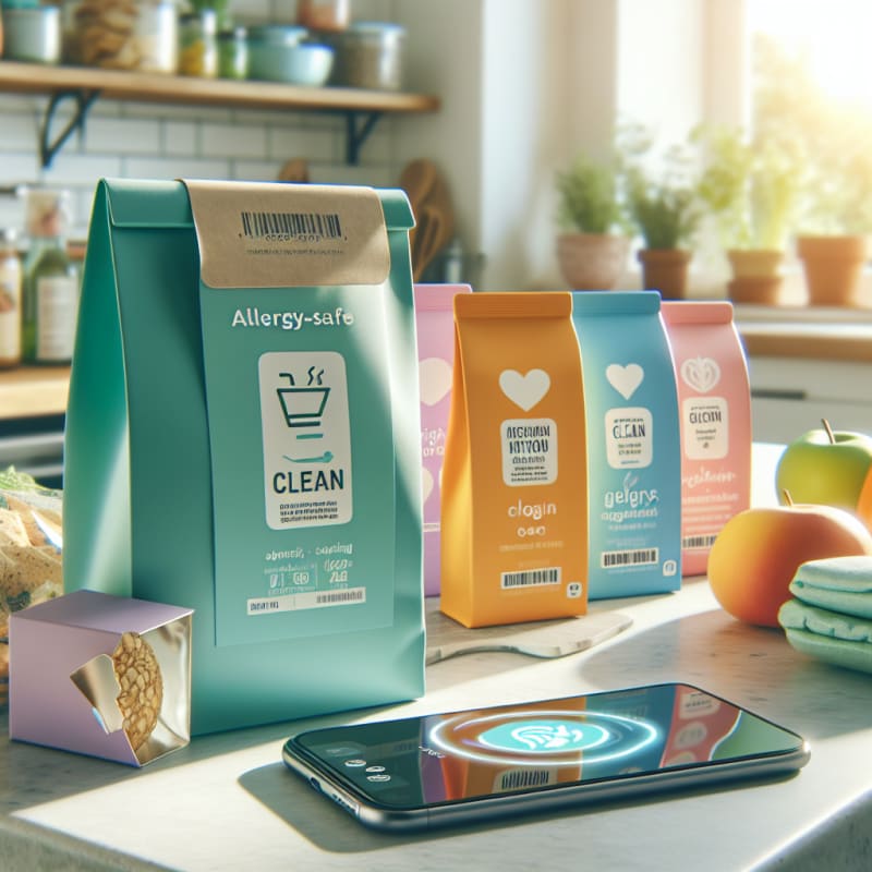 Bright kitchen countertop with colorful food packaging featuring clear allergy-safe labels a modern smartphone scanning a label clean ingredients displayed eco-friendly grocery bags pastel colors sunlight streaming through window