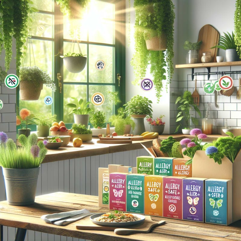 A bright kitchen with allergy-safe packaged foods neatly arranged on a wooden table surrounded by colorful ingredient labels magnified by a glass sunbeams streaming through a window with green plants and allergy alert symbols on eco-friendly packaging