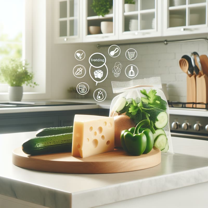 Bright modern kitchen countertop with Amul cheese pack sliced on wooden board next to fresh green vegetables labeled allergy-safe trending food safety icons natural light