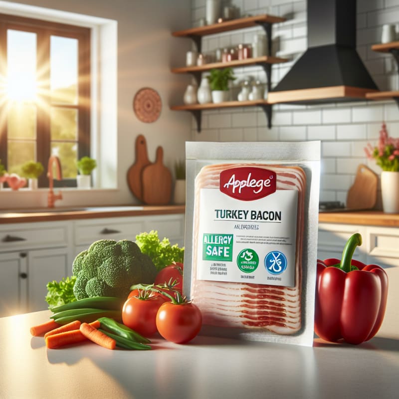 Bright kitchen countertop with Applegate turkey bacon package beside fresh vegetables and allergy-safe icons sunlit healthy food labels and clean modern background
