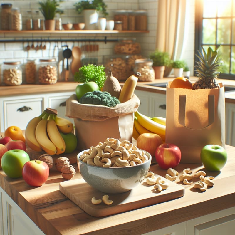 A bright inviting kitchen counter with a bowl of cashews surrounded by allergy-safe food packaging eco-friendly grocery bags and fresh fruits under natural light