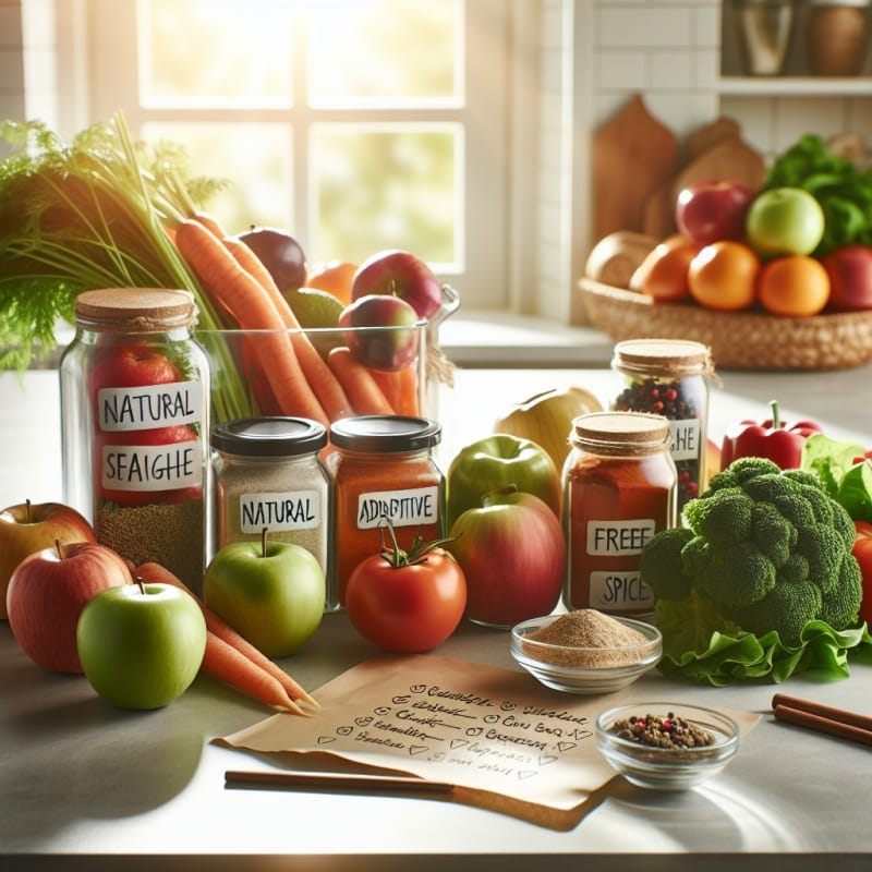 Bright kitchen counter with colorful fresh fruits vegetables and jars of natural spices labeled clean and safe next to a grocery list showing words natural additive free calm daylight