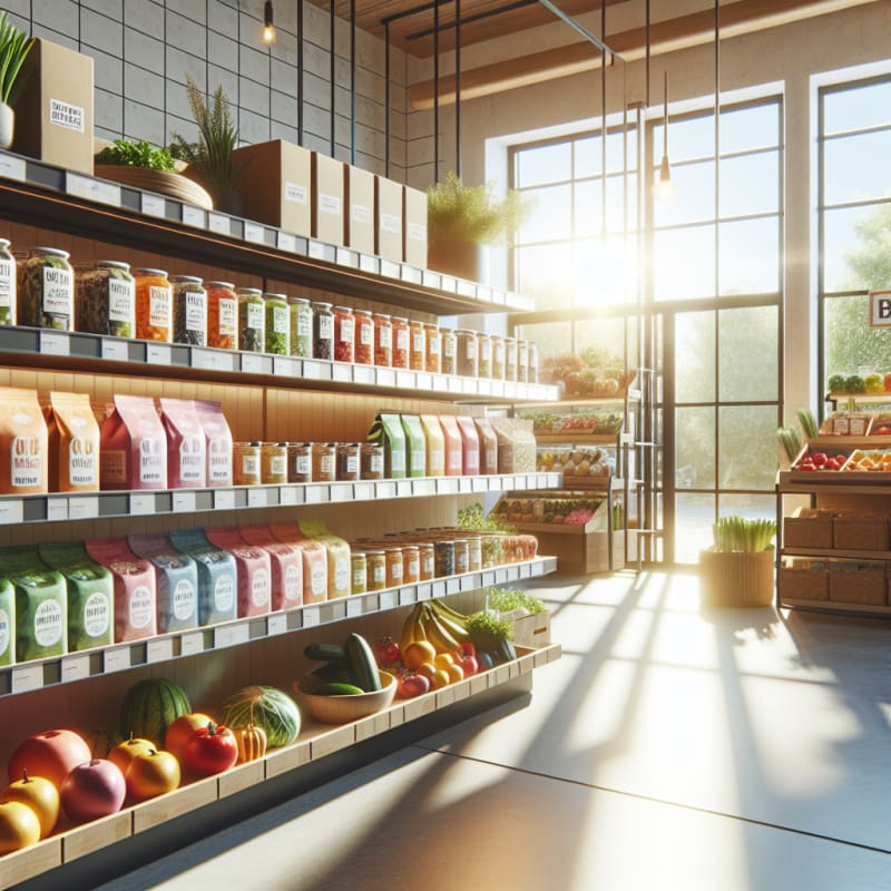 Bright natural grocery shelves featuring colorful additive free packaging fresh produce and clean label tags sunlight streaming through windows