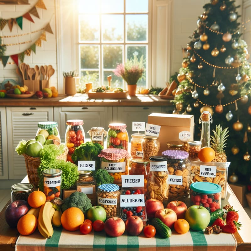 Bright festive kitchen table with colorful allergy-safe foods labeled clearly surrounded by fresh produce and eco-friendly containers sunlight streaming in cheerful atmosphere
