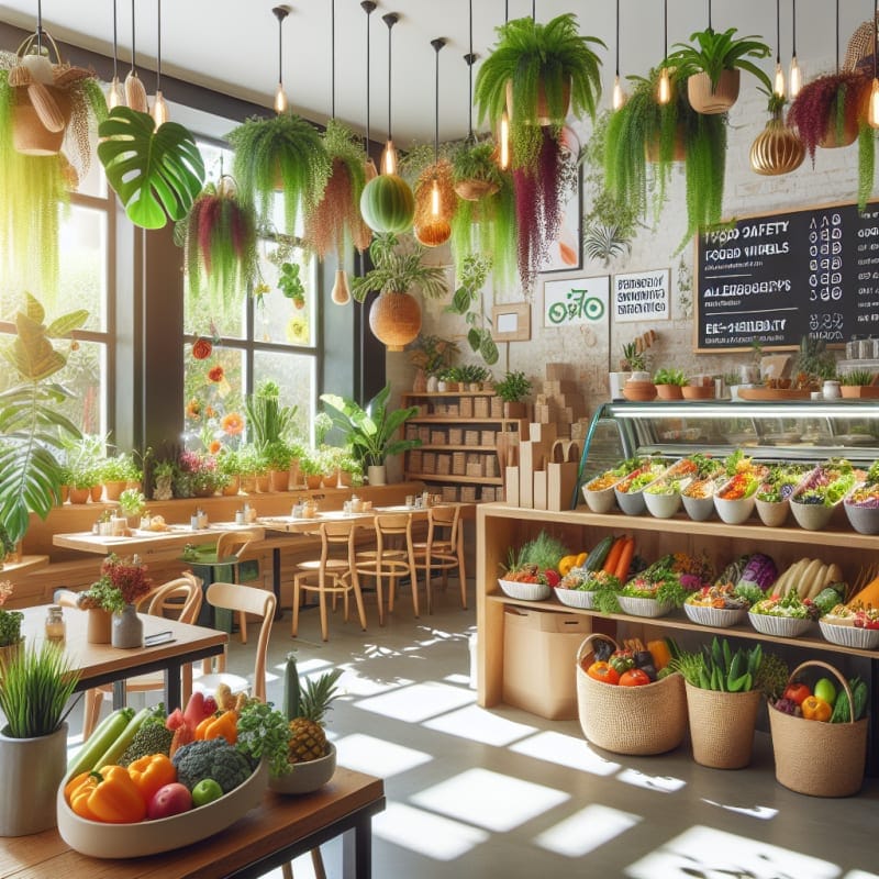 Bright sunlit vegan restaurant interior featuring fresh produce baskets colorful allergy-friendly meal bowls eco-friendly packaging modern food safety signage cheerful plant decor