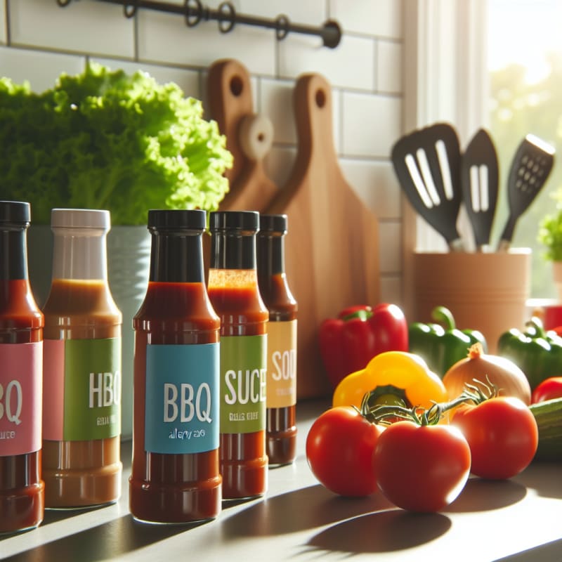 Bright kitchen counter with colorful BBQ sauce bottles arranged next to fresh vegetables clear allergy-safe ingredient labels visible sunlight streaming in soft shadows hopeful atmosphere