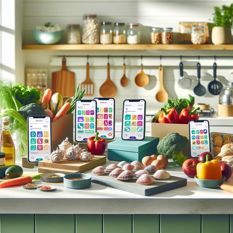 A bright modern kitchen countertop with colorful shellfish packaging and digital food scanner apps displayed on sleek smartphones next to fresh vegetables and allergy-friendly ingredients soft natural lighting cheerful atmosphere