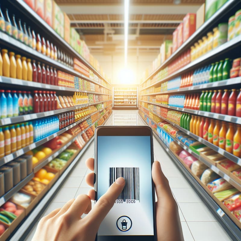 Bright grocery store aisle filled with colorful packaged foods clear food labels highlighted modern smartphone scanning a product gentle sunlight hope and safety