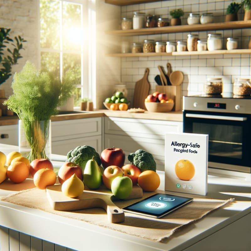 Bright kitchen counter with fresh fruits vegetables allergy-safe packaged foods smart food label scanner sunlight streaming in healthy clean atmosphere