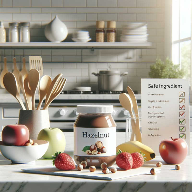 A bright kitchen countertop featuring a jar of chocolate hazelnut spread with clean modern utensils surrounded by allergy info cards fresh fruits and a safe ingredient checklist soft sunlight streaming in