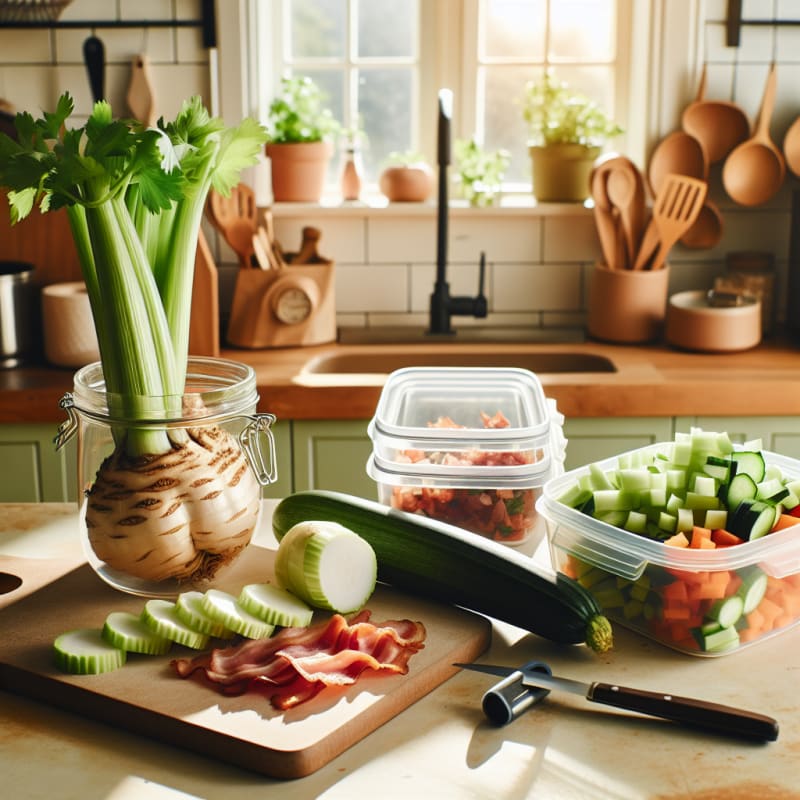 A bright kitchen countertop with fresh celery root and crispy bacon arranged next to vibrant chopped vegetables and clean food safety labels on reusable containers natural light highlights an inviting meal prep scene with warm tones and eco-friendly utensils