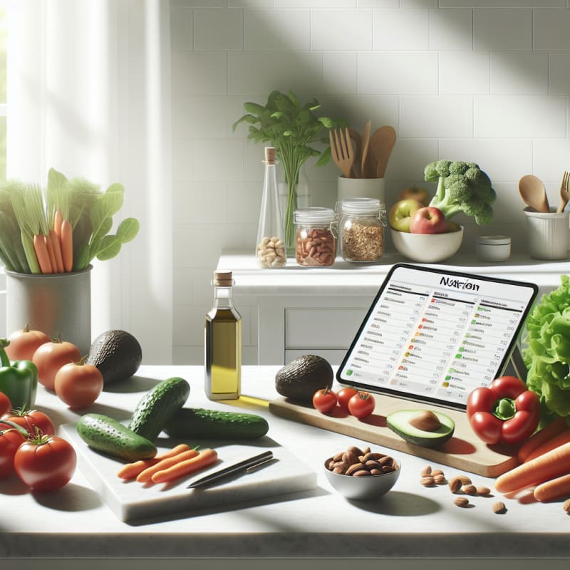 Bright kitchen counter with fresh organic vegetables avocados nuts and olive oil bottles arranged neatly beside a digital tablet displaying nutrition data minimalistic clean background natural light