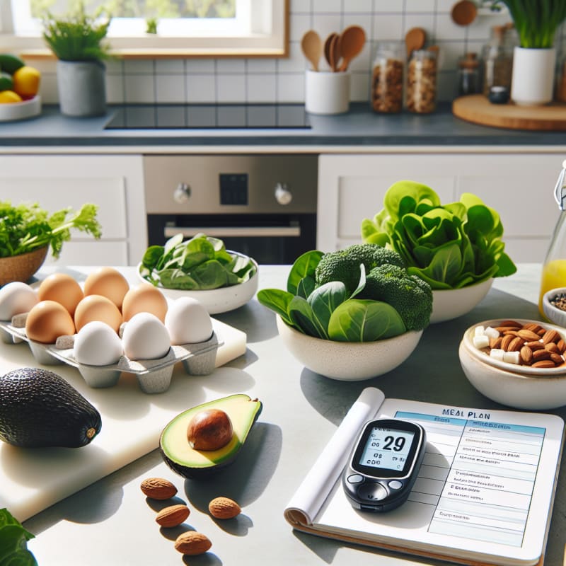 Bright kitchen counter with colorful whole foods like avocado eggs leafy greens and nuts beside a digital glucose monitor and minimalist meal plan notebook