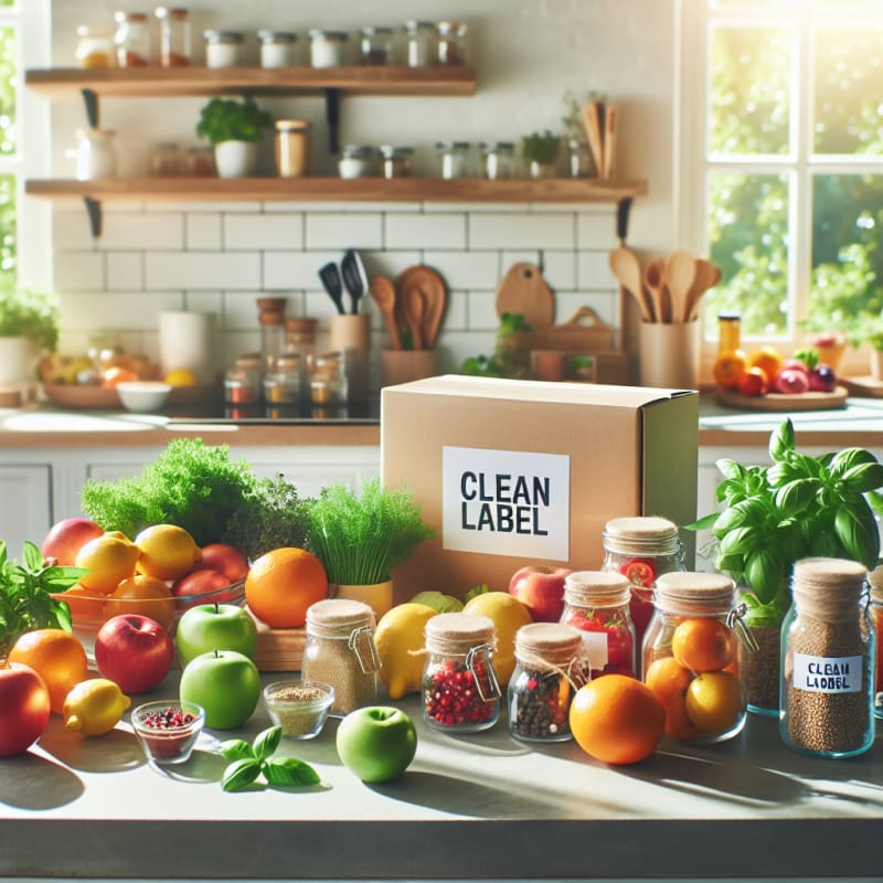 Bright modern kitchen counter with colorful natural ingredients fruits herbs spices and eco friendly packaging symbolizing clean label food safety and hope