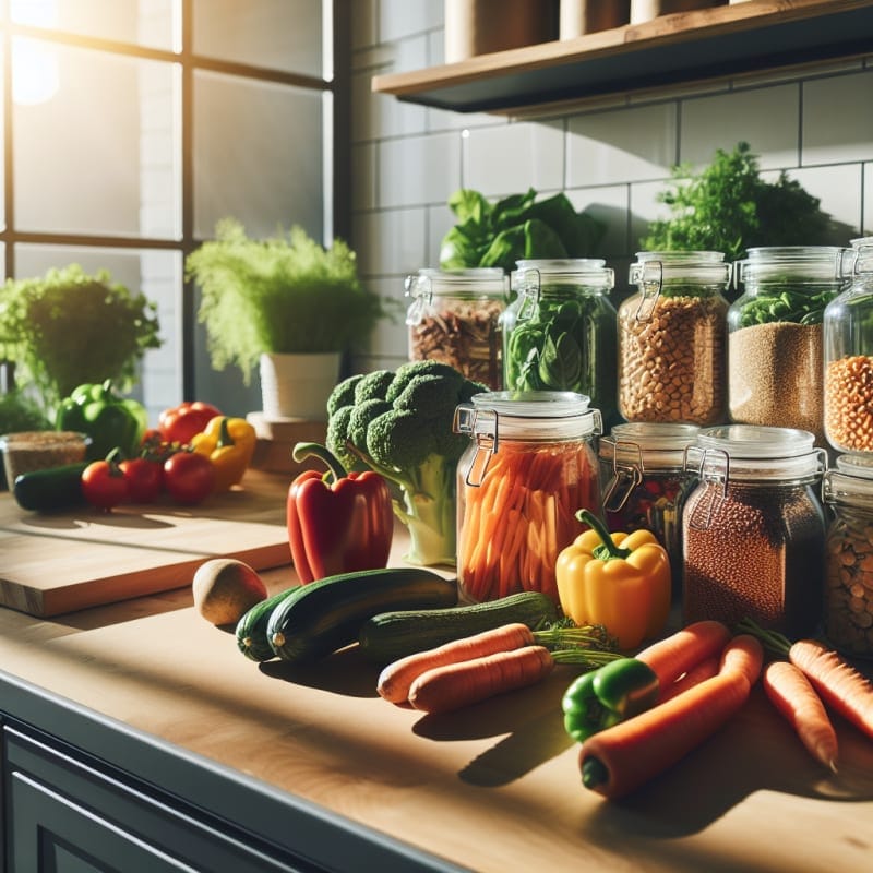 Bright kitchen counter with colorful whole vegetables grains and legumes displayed in glass jars with clean minimalist packaging labels and natural sunlight