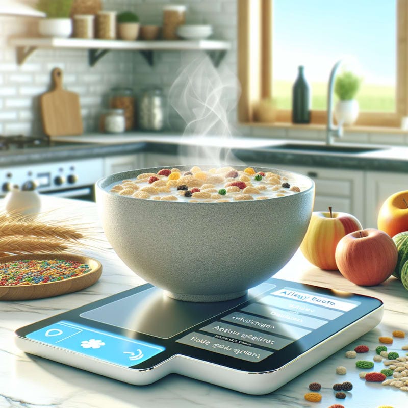 A bright modern kitchen countertop with a bowl of steaming hot cereal surrounded by colorful fresh grains allergy-safe ingredient labels and a digital food scanner device soft natural lighting and vibrant colors hopeful and clean atmosphere