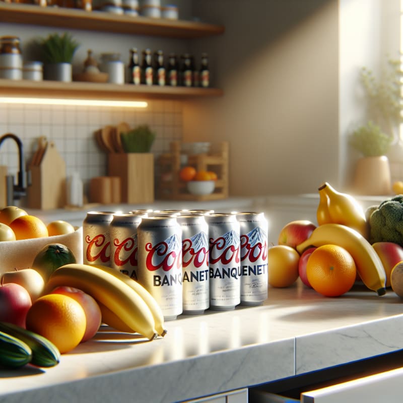 Bright kitchen countertop with Coors Banquet cans surrounded by fresh fruits vegetables and clean labels softly lit with natural sunlight cheerful ambiance modern grocery scene