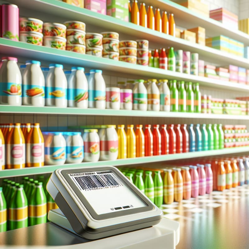 Bright modern grocery store shelf filled with colorful packaged food items clear labels and barcode scanner in foreground surrounded by soft natural light cheerful optimistic color palette