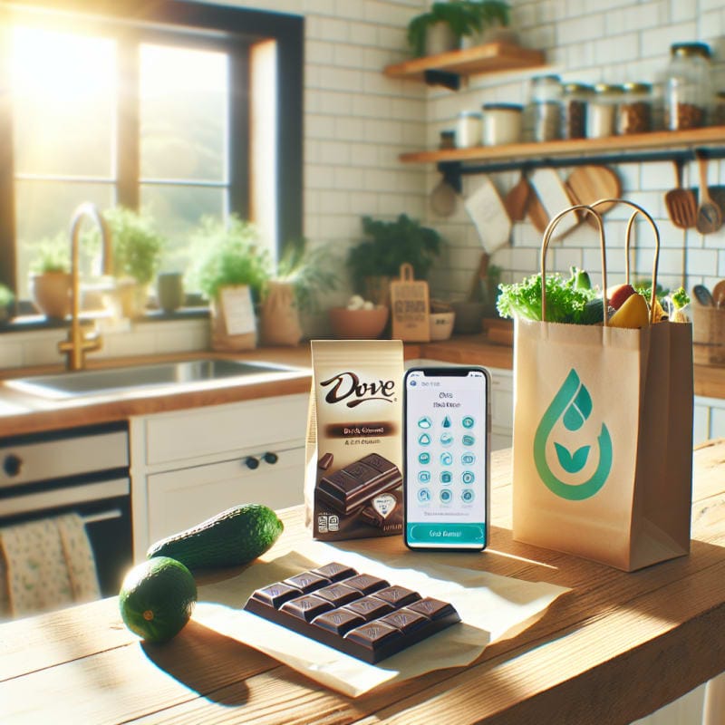 A bright kitchen countertop with Dove dark chocolate bars neatly arranged next to allergy-safe food labels eco-friendly grocery bags a smartphone with a food scan app open and soft sunlight streaming through a window