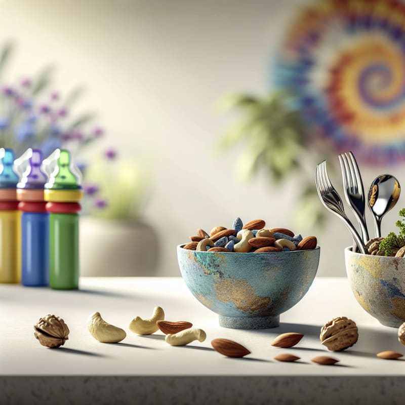 Bright kitchen scene with bowls of almonds cashews and walnuts next to colorful baby feeding utensils soft natural lighting clean background emphasizing freshness and safety