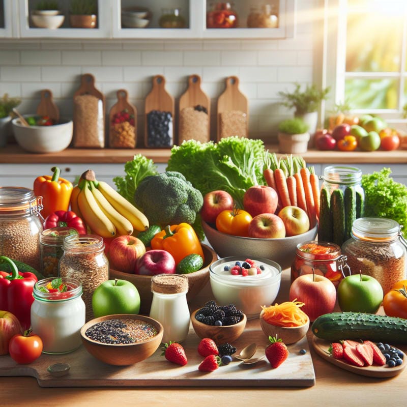A bright kitchen counter filled with fresh colorful fruits vegetables whole grains yogurt and fermented foods arranged in eco friendly bowls with soft sunlight