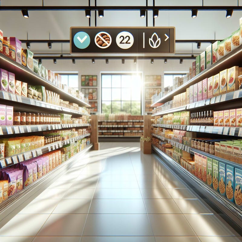 A bright modern grocery aisle with colorful packaged foods and clear ingredient labels displayed under soft daylight highlighting nut free icons on product packaging