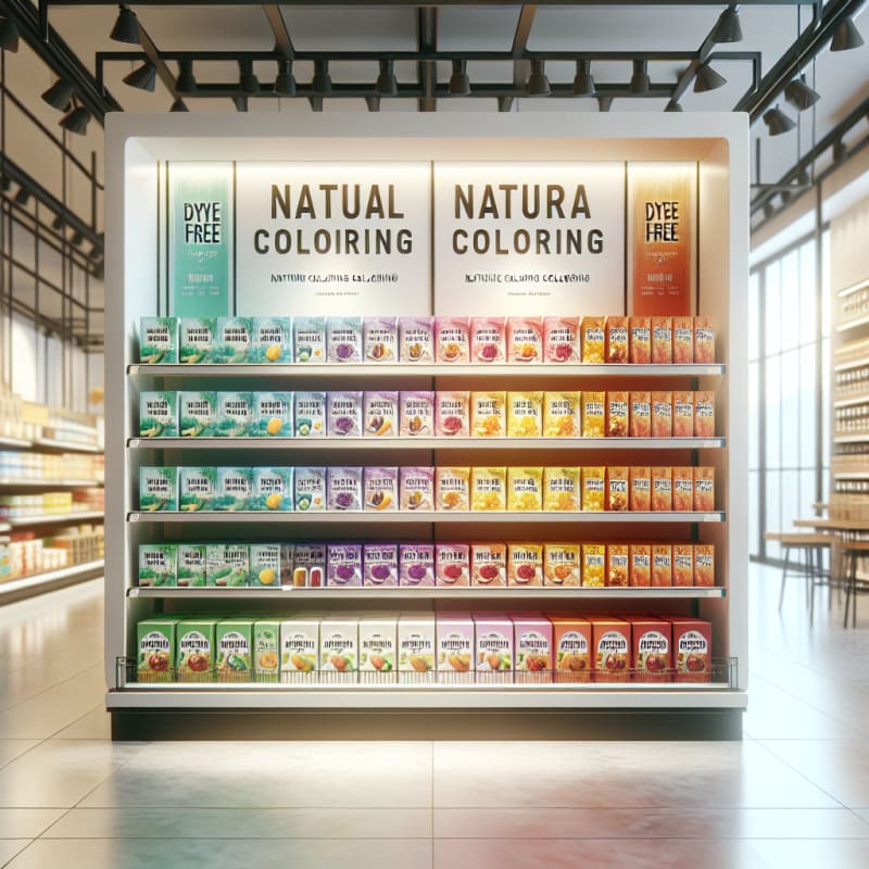 Bright grocery shelf filled with colorful packaged foods labeled natural coloring and dye free soft natural lighting clean modern background no people optimistic feel