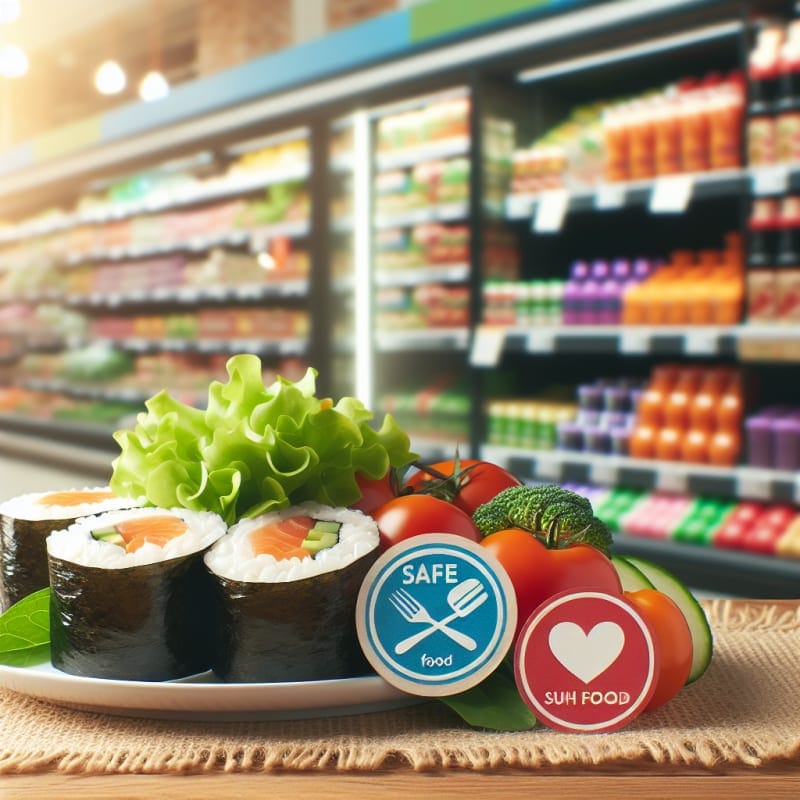 bright sushi rolls displayed on a white plate with fresh vegetables and safe food labels colorful grocery store background with clean packaging soft sunlight