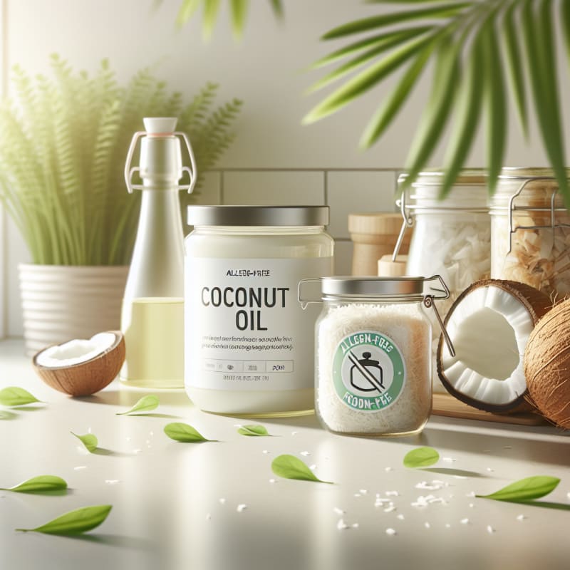 Bright kitchen countertop with coconut oil jar coconut flakes and food labels showing allergen free icons surrounded by soft natural lighting and green leaves symbolizing safety and freshness