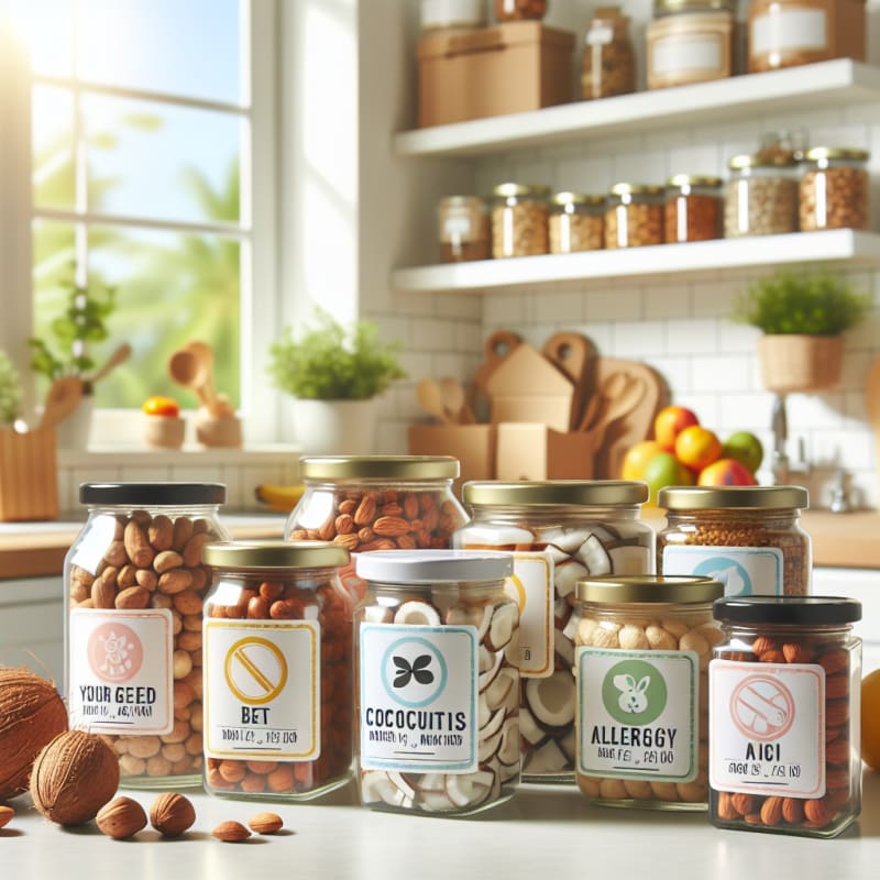 Bright kitchen scene with neatly arranged food labels jars of nuts and coconuts colorful packaging clear allergy safe icons on labels bright natural lighting no people