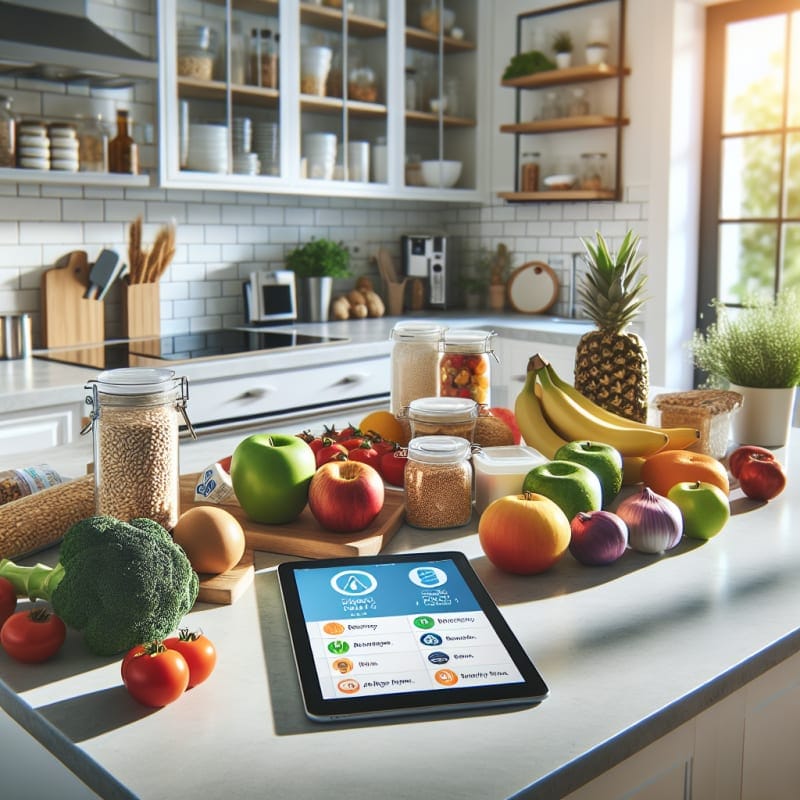 Bright kitchen countertop with colorful fresh fruits vegetables whole grains and labeled allergy-friendly packaged foods organized neatly next to a digital tablet displaying food safety tips in a sunlit modern kitchen setting