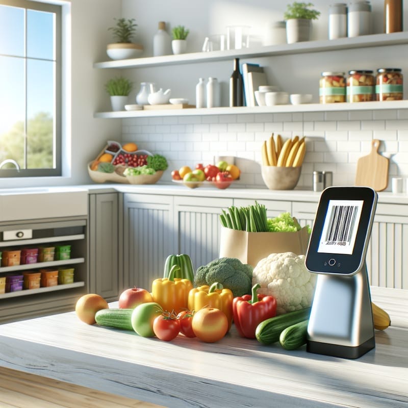 Bright modern kitchen countertop with colorful packaged foods clear food labels visible barcode scanner next to fresh produce sunlight streaming through window cheerful organized space