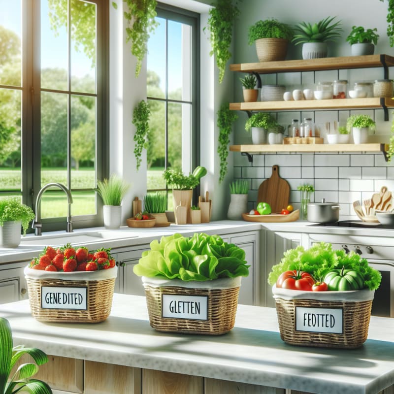 A bright clean kitchen counter with baskets of colorful strawberries lettuce and tomatoes labeled with eco friendly gene edited tags surrounded by sunlight and greenery