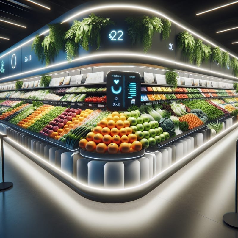 Bright farmers market display of colorful gene-edited fruits and vegetables arranged neatly under natural sunlight with eco packaging and modern signage emphasizing freshness and sustainability