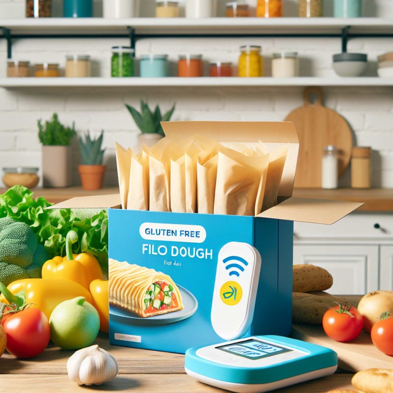 A bright kitchen counter with open gluten free filo dough packages surrounded by fresh vegetables safe allergy labels and a vibrant modern food scanner tool natural sunlight and clean surfaces