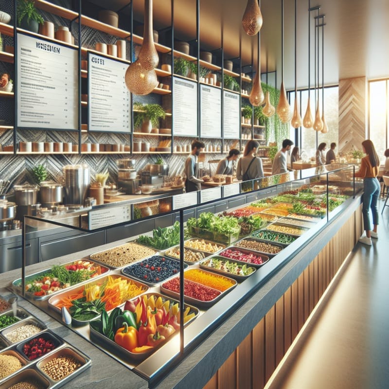 A bright modern restaurant counter with colorful gluten free food options neatly displayed clear ingredient labels vibrant fresh vegetables and grains inviting atmosphere